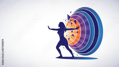Woman Pushing Colorful Circular Target on White Background