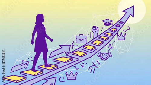 Confident Businesswoman Walking on Rising Graph with Crown Icons Symbolizing Success