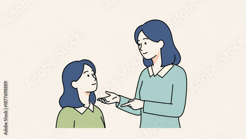 Woman Giving ID Card to Another Woman, Simple Illustration, Isolated on White