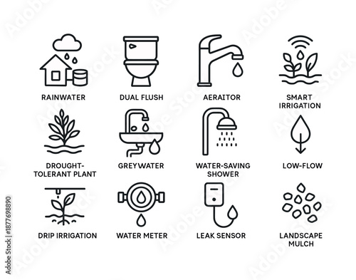 Water Efficiency Icons. Energy-efficient home design trends. Line icon set of water efficiency features: rainwater collection, dual flush toilet, aerator