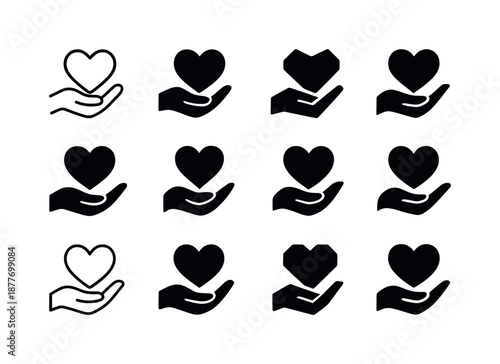 Kindness Icon Set. Kindness. Icon set. Set Logo of kindness: heart in hand. harmonious logo variations of the same emblematic concept, each with different