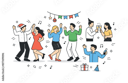 Festive Dance Celebration. Holiday party atmosphere. People dancing and celebrating with festive spirit and gentle motion. Cheerful mood and social joy