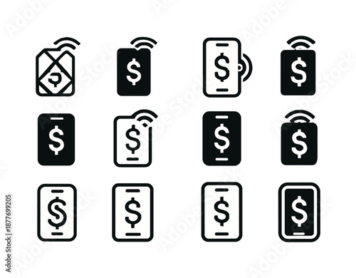 Remote Income Icons. passive income streams remotely. Icon set. Set Logo of passive income streams remotely: phone screen with dollar signs. harmonious logo