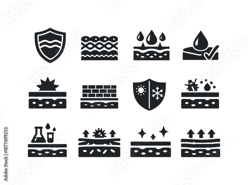 Skin Barrier Icons. Skin barrier function. Solid icon set of skin barrier function: barrier shield, lipid layer pattern, transepidermal water loss arrow, skin