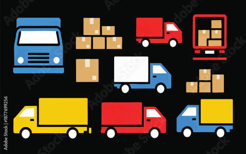 Various Delivery Trucks, Cargo Vans, and Cardboard Boxes for Shipping and Transportation Services on Black Background.Print