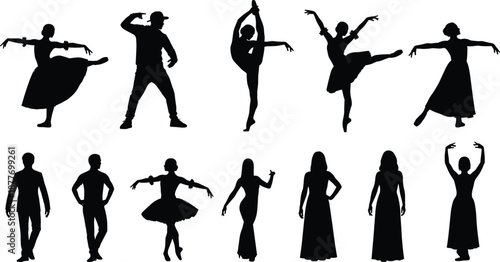Black dancer silhouette vector set with male and female ballet hip hop poses isolated on white background studio design illustration collection