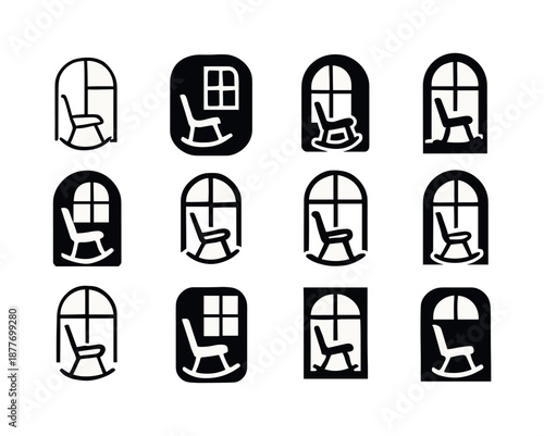 Rocking Chair Logos. Rocking chair by the window. Icon set. Set Logo of rocking chair by the window: window frame geometry with rocker. harmonious logo