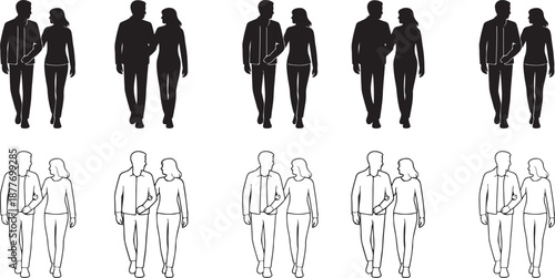 Isolated couple walking collection silhouette icon, romantic couple walking vector, love relationship minimal illustration, engagement branding, valentine couple stroll vector, romantic walk design