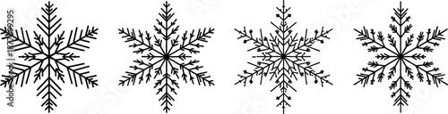 Black snowflake icon set minimal winter ice crystal symbols cold weather decorative design elements isolated on white background flat vector illustration