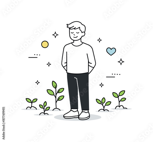 Hopeful Growth Illustration. Hope and renewal illustration. A person standing calmly as small green plants begin to grow around them. Quiet optimism, fresh