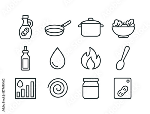 Peanut Oil Icons. Peanut oil uses. Line icon set of Peanut oil uses: oil bottle, frying pan, cooking pot, salad bowl, dressing bottle, oil droplet, heat icon,