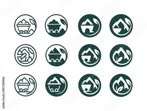 Sustainable Mining Logos. Mining operations and sustainable mining practices. Icon set. Set Logo of Mining operations and sustainable mining practices: