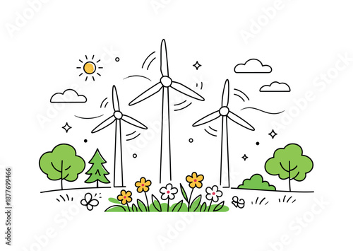 Harmonious Wind Energy. Renewable Energy and Nature. Calm illustration showing wind turbines among trees and flowers, gentle motion lines suggesting fresh air,