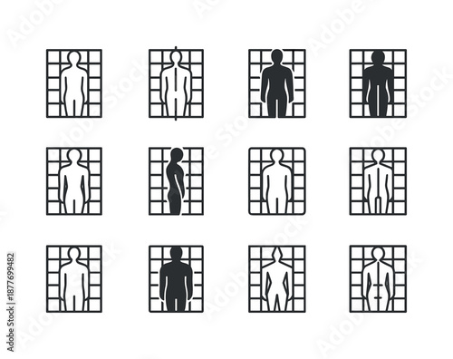 Fitness Logo Set. Fitness assessments and body measurements. Icon set. Set Logo of fitness assessments and body measurements: posture alignment grid.