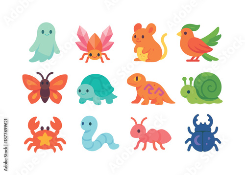 Fantasy Valley Creatures. Fantasy valley life. Colorful flat vector icons set of fantasy valley life: gentle valley spirits, crystal insects, glow rodents,