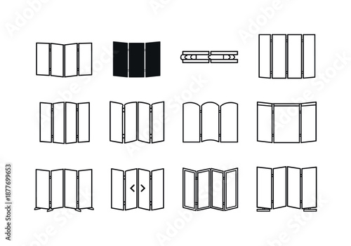 Folding Screen Icons. Folding screen. Line icon set of folding screen: modern room divider, opaque panel icon, sliding hinge strip, clean frame geometry, tall