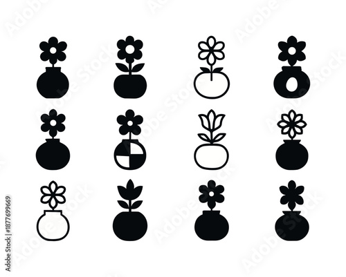 Iconic Vase Variations. Tabletop flower vase. Icon set. Set Logo of tabletop flower vase: round vase with bloom. harmonious logo variations of the same