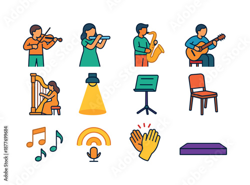 Colorful Instrumental Icons. Solo Instrumental Shows. Colorful flat vector icons set of Solo Instrumental Shows: violin soloist, flute performer, saxophone