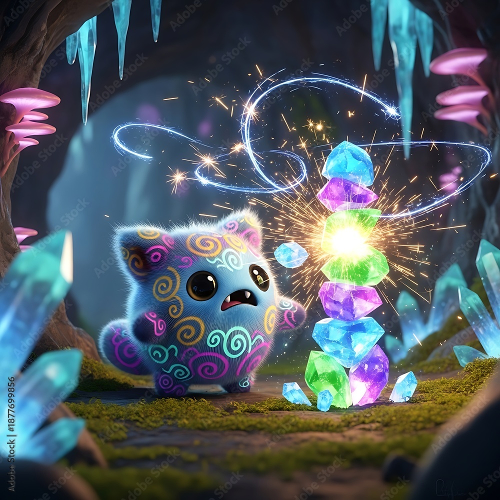 Fototapeta premium A small, colorful creature stands before a stack of glowing crystals in a mystical cave, surrounded by icicles and sparkling lights, 'cool (149).jpg'