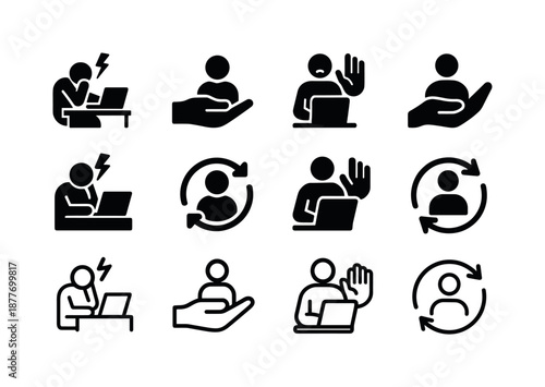 Workplace Stress Management Icons. Handling workplace stress and managerial support. Icon set. Set Logo of Handling workplace stress and managerial support: