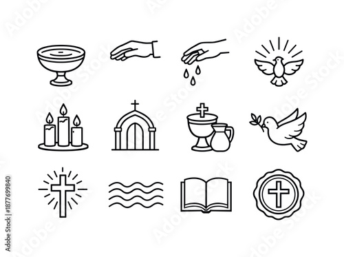 Christian Baptism Icons. Christian baptism. Line icon set of christian baptism: baptism bowl, priest hand blessing, gentle water pour, holy spirit rays, lit