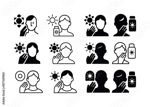 Sunscreen Icon Variations. Applying sunscreen. Icon set. Set Logo of applying sunscreen: applying cream to face. harmonious logo variations of the same
