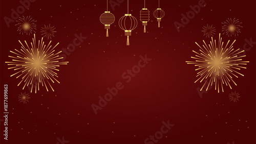 Elegant Red Lunar New Year Background with Gold Accents and Fireworks, Festive Chinese New Year Design with Copy Space for Holiday Celebration