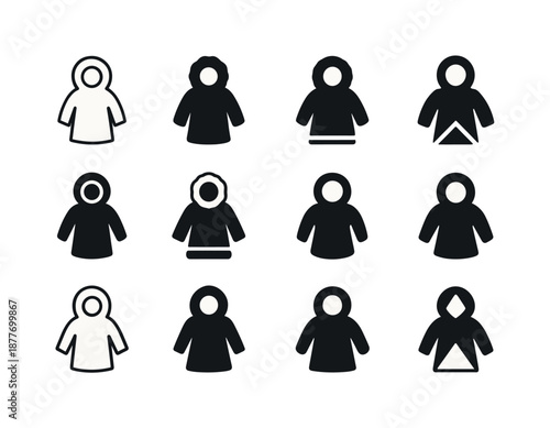 Inuit Parka Logo Variations. Cultural dress. Icon set. Set Logo of cultural dress: Inuit fur-trimmed parka. harmonious logo variations of the same emblematic