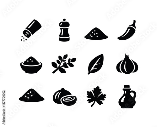 Seasonings Icon Set. Seasonings for beans. Solid icon set of Seasonings for beans: salt, pepper, cumin, paprika, chili powder, oregano, thyme, bay leaf, garlic