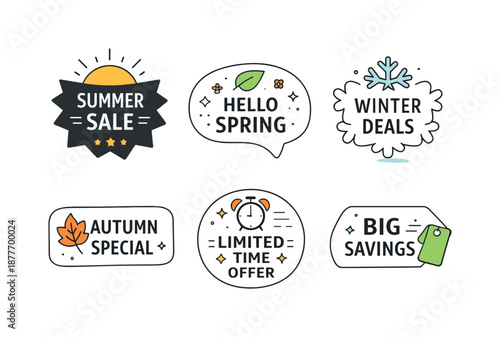 Seasonal Promo Stickers. Seasonal promo stickers. A collection of badge shapes with icons like sun, leaf, or snowflake paired with short sale messages.