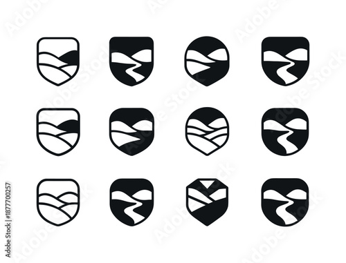 Lush Valley Emblems. Lush Valley. Icon set. Set Logo of Lush Valley: valley crest emblem. harmonious logo variations of the same emblematic concept, each with