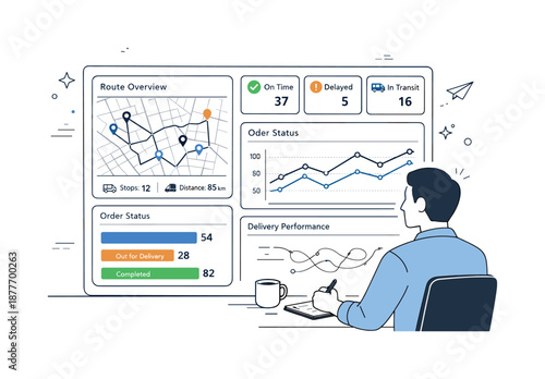 Efficient Logistics Dashboard. Logistics optimization dashboards. Operations manager reviewing a clean logistics dashboard with routes, charts, and delivery