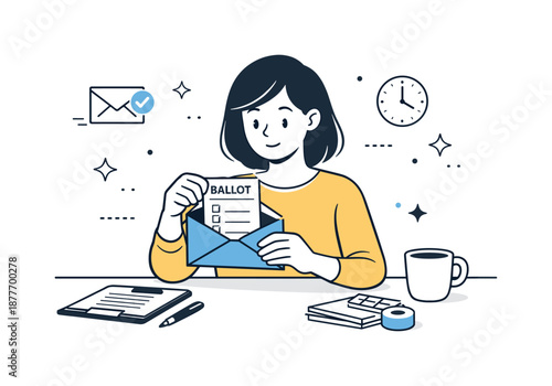 Mail-In Voting Scene. People voting by mail. Person preparing an envelope with a ballot at a tidy desk, calm and thoughtful posture. Convenience,