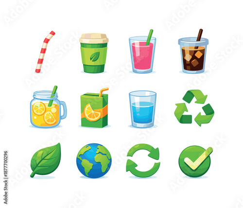 Sustainable Drinks Icons. Sustainable Drinks. Colorful flat vector icons set of Sustainable Drinks: paper straw, eco cup, smoothie glass, iced coffee, lemonade
