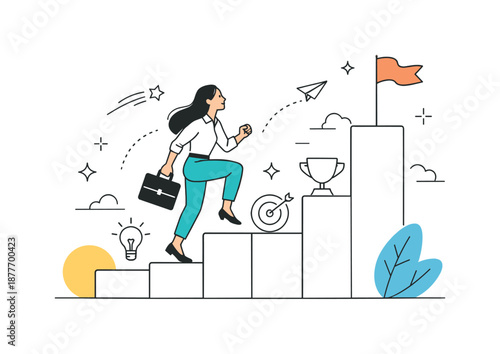 Steps to Success. Career growth and empowerment. Woman climbing symbolic steps or milestones, steady progress and positive mindset. Abstract shapes and gentle