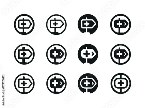 Vaccination Logo Variations. Vaccination site with signs. Icon set. Set Logo of vaccination site with signs: cross symbol with signage. harmonious logo