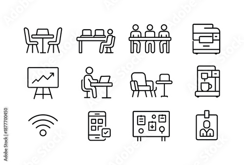 Coworking Icons Set. Coworking spaces. Line icon set of Coworking spaces: shared desk, meeting room, open workspace, printer station, whiteboard, standing