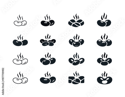 Cooked Beans Icons. cooked beans. Icon set. Set Logo of cooked beans: steaming beans. harmonious logo variations of the same emblematic concept, each with