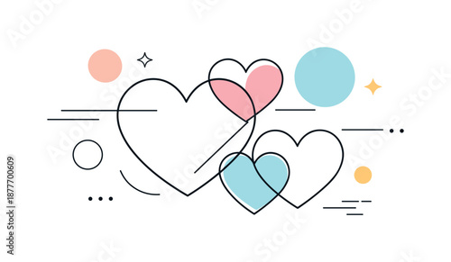 Geometric Heart Harmony. Modern Love Background. Abstract heart outlines combined with circles and lines, forming a clean geometric composition.