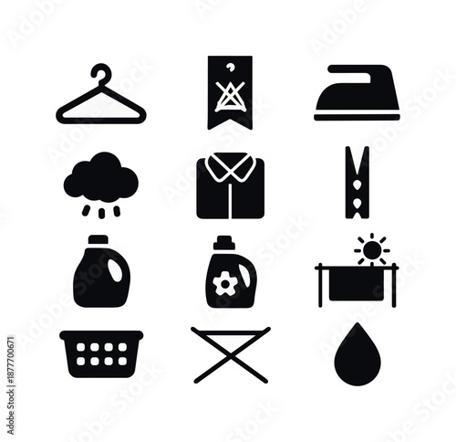 Clothing Care Icons. Clothing care. Solid icon set of Clothing care: hanger, laundry tag, iron, steam icon, fold shirt, clothespin, detergent, softener, sun