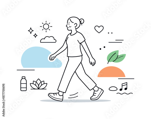 Mindful Movement Art. Wellness through movement. Person walking or doing gentle yoga, surrounded by minimal abstract shapes. Calm, mindful approach to staying