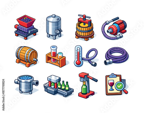 Wine Production Icons. Wine production. Colorful isometric vector icons set of wine production: grape crusher, fermentation vat, press plate, wine pump, ageing