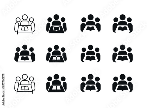 Group Study Icons. Group study sessions. Icon set. Set Logo of Group study sessions: Students around a table: Minimal outline, Filled silhouette, Abstract