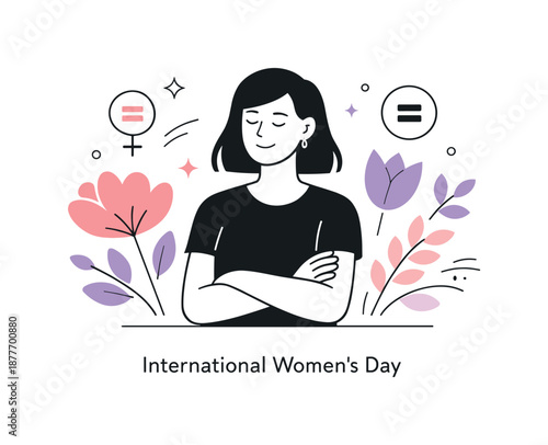 Celebrating Women's Strength. International Women?s Day Minimal Illustration. A calm editorial scene with a confident female figure surrounded by abstract
