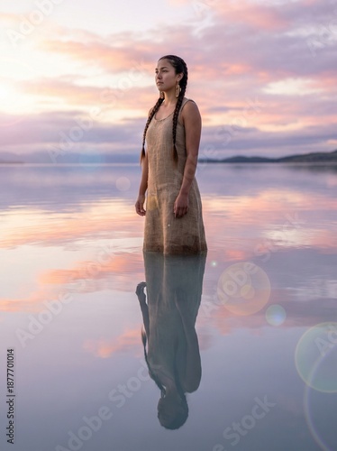 Indigenous woman standing in calm water during sunset for World Water Day  
