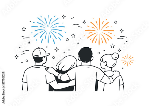 Fireworks Unity Scene. Watching fireworks moment. Close scene of people standing shoulder to shoulder as abstract fireworks softly fill the sky above. Unity,