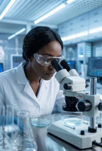 Black woman examining sample through microscope in laboratory for World Water Day  