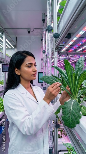 Female scientist examining leafy greens in vertical farm setting for World Water Day  