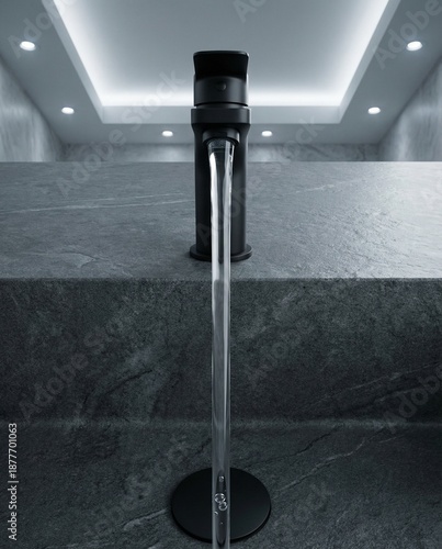 Modern faucet dispensing clear water on sleek stone countertop for World Water Day  