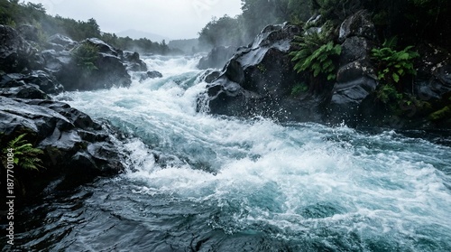 Rapid river flowing over rocks in lush green forest for World Water Day  